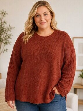 Studio B by Bobeau Pumpkin Spice Cable Sleeve Textured Knit Sweater 2X